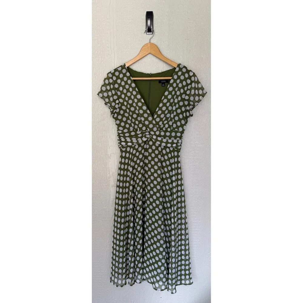 GNW Olive Green White Polka Dot V-Neck Ruched Waist Midi Dress Womens 8